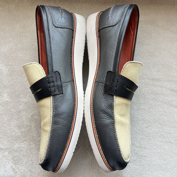 Marc Nolan Abe Navy Blue Leather & Tan Cream Canvas Loafers Men15 Slip On Boat - Picture 6 of 16